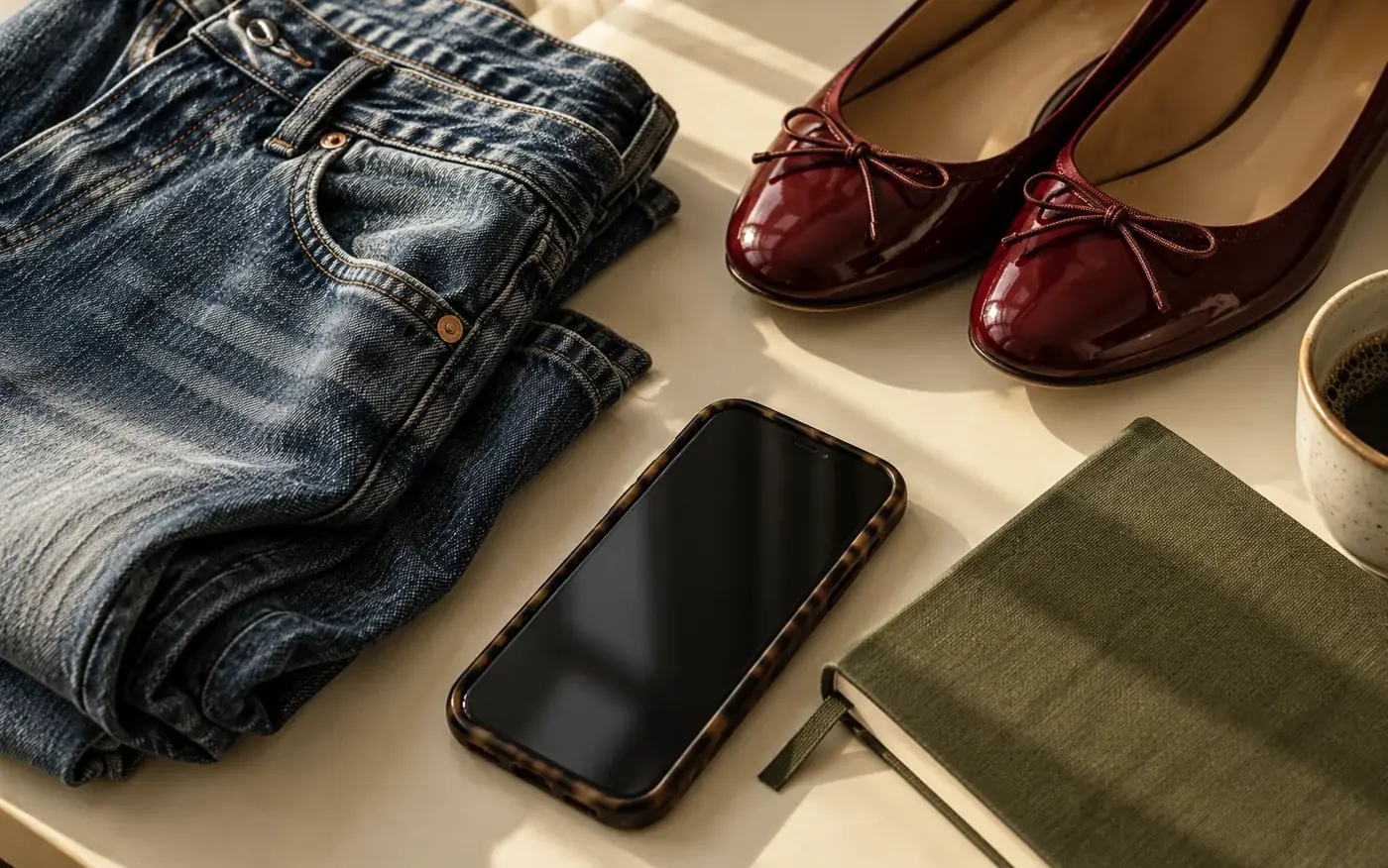 Denim, red flats, and a notebook laid out for a closet clear-out